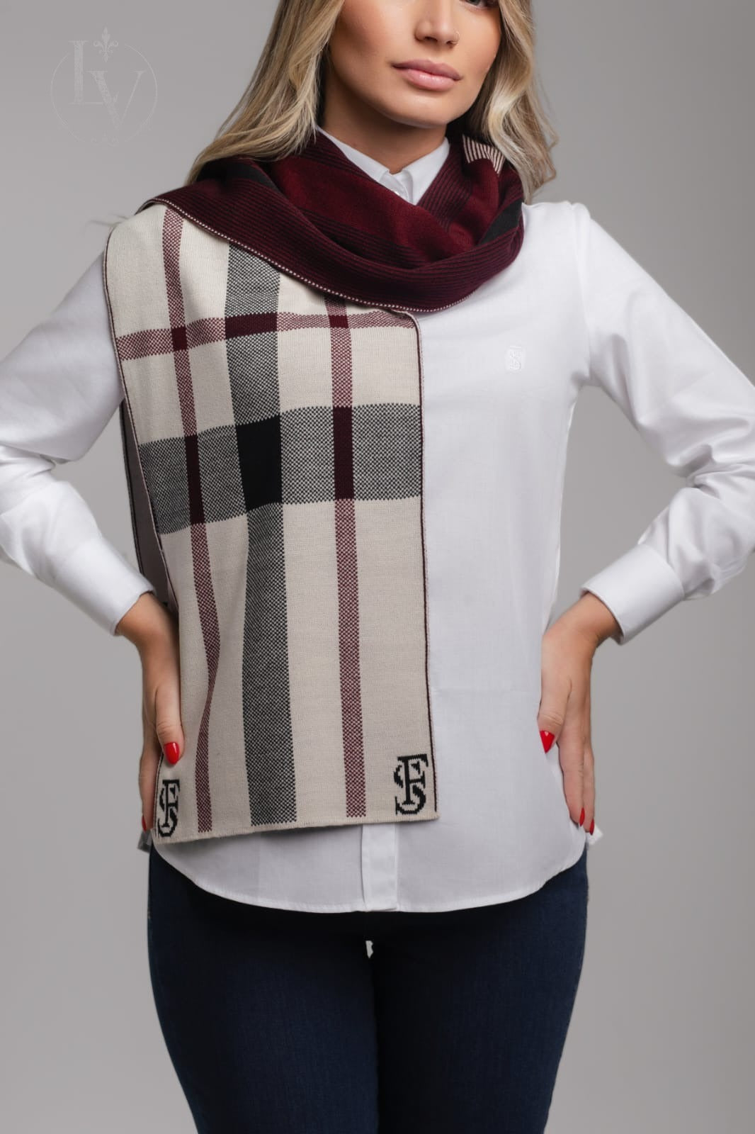 Cachecol Escocês - Creme Bordo Preto