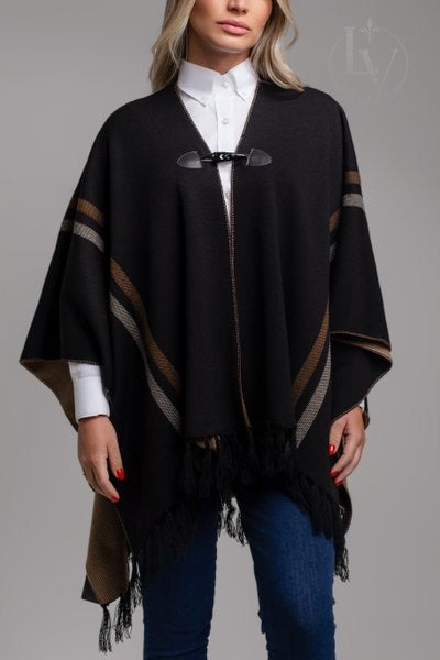 Ruana Nativa com Franja - Preto Areia Caramelo